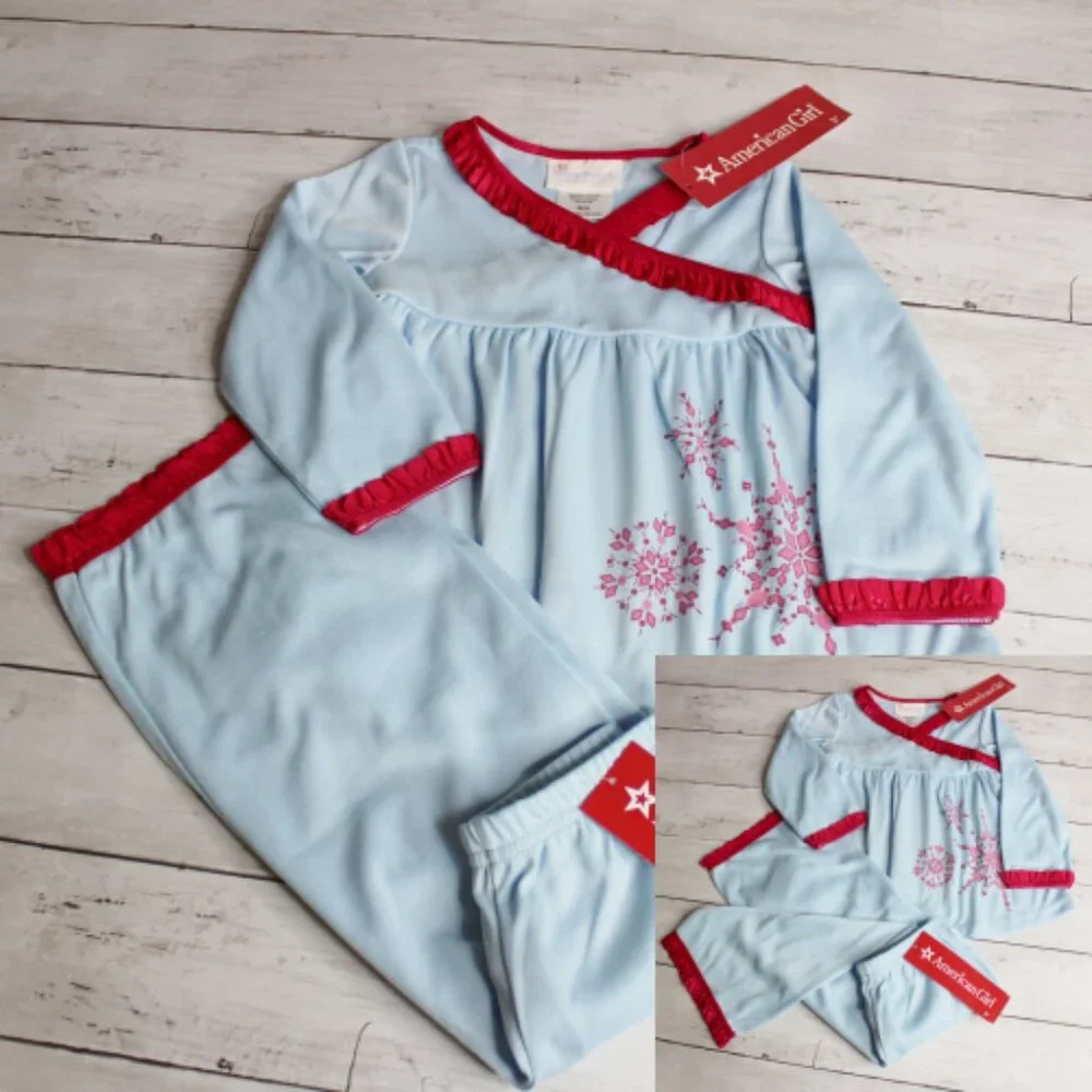 American Girl Lot of 2 Pajama Sets Size 3T Blue Pink Snowflakes TWIN Girl